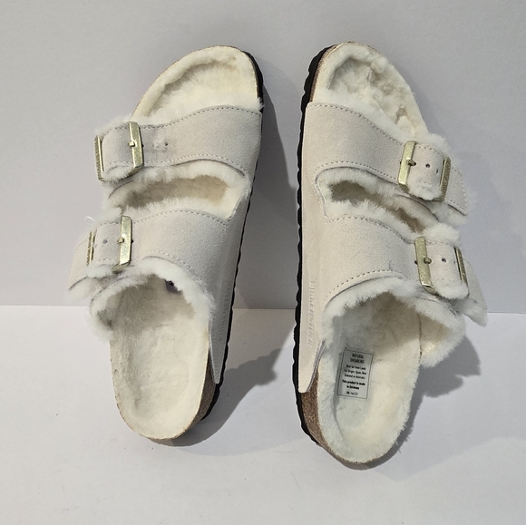 Birkenstock White Arizona Shearling Buckle Sandals 7 - Picture 4 of 12